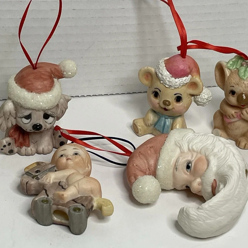 Porcelain Christmas Ornament Santa  Moon Animals Set 9 Vintage Hand Painted 2.5